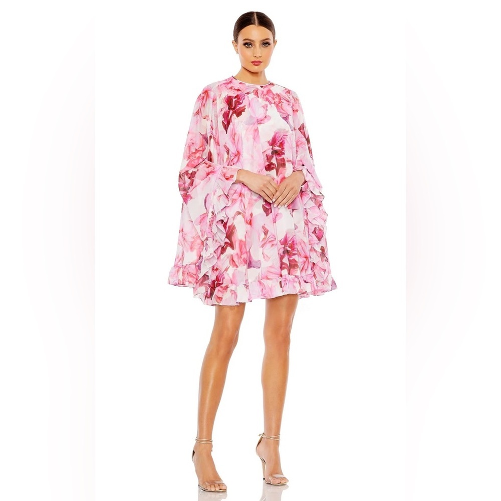 NWT IEENA For MacDuggal High Neck Floral Ruffle A-line Cape Mini Dress Sz 2